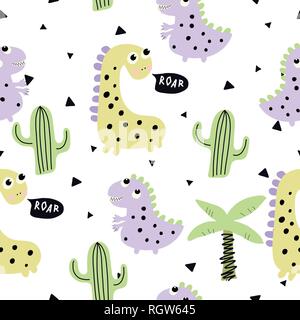 Bambini modello senza cuciture a mano con dino disegnato in stile scandinavo. Background creativo per tessuto tessile, avvolgimento. Illustrazione Vettoriale. Illustrazione Vettoriale