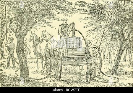 . Bollettino - Amherst Agricolo Experiment Stazione, Università del Massachusetts. L'agricoltura. Fig. 4. Il terzo o il cavallo-carrello tipo di apparecchiatura comprende la speciale " Campo e frutteto " macchine di Nixon ugello e Machine Co., costando da .$55 a $85 o il " Standard " a doppio effetto- Pompa a spruzzo della Goulds Manufacturing Co. di Seneca Falls, N. Y., mostrato in Fig. 5. Questa pompa è realizzato con le staffe per fissare- ing esso alla testa o tappo di una canna o botte, che funge da serbatoio, e il tutto viene prelevata al di sopra del campo o attraverso il frutteto in una fattoria wagou Foto Stock