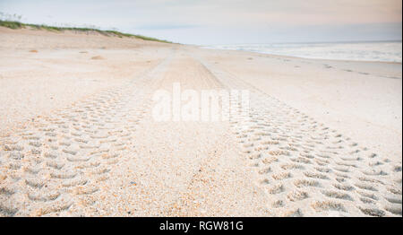 Impronte del battistrada nella sabbia che conducono fuori nella distanza sulla spiaggia. Foto Stock