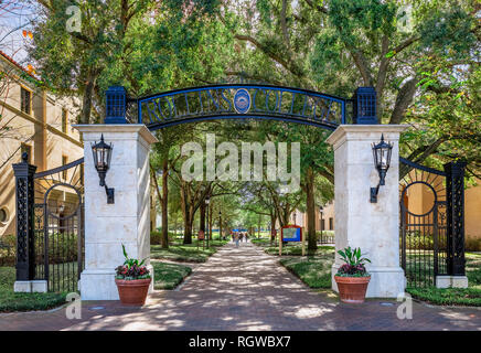 Cancello di ingresso a Rollins college campus, Winter Park, Florida, Stati Uniti d'America. Foto Stock