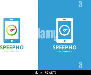 Tachimetro di vettore e telefono e combinazione di logo. Il contagiri e il mobile di simbolo o icona. Speedo unica e Device logo design modello. Illustrazione Vettoriale