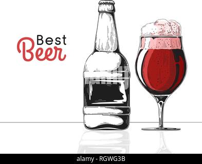 Bottiglia di birra. Vetro con birra. Miglior birra. Illustrazione vettoriale di un disegno stile. Illustrazione Vettoriale