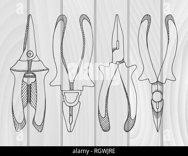 Set di pinze e pinze e forbici di potatura. Illustrazione degli strumenti di disegno vettoriale stile. Illustrazione Vettoriale