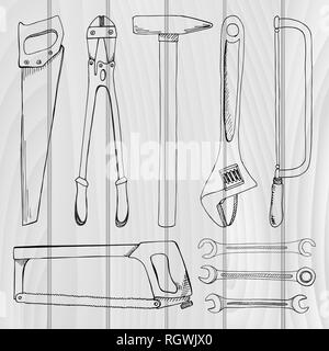 Set di strumenti, hardware. Diversi strumenti metallici isolati su sfondo bianco. Disegnata a mano illustrazione vettoriale di un disegno stile. Illustrazione Vettoriale