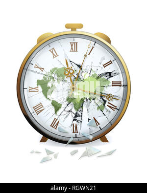 Primo piano della faccia di clock con il vetro rotto. Il tempo sta per scadere. Foto Stock