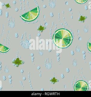 Modello senza cuciture con calce, cubetti di ghiaccio e foglie di menta luminoso sullo sfondo di agrumi. mojito da limes. Drink di soda 10 eps Illustrazione Vettoriale