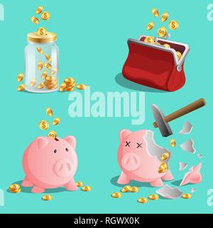 Risparmi soldi, set di salvadanaio, salvadanaio, portamonete con monete d oro Illustrazione Vettoriale