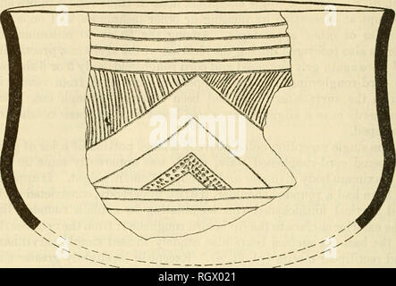 . Bollettino. Etnologia. 520 Bureau of American etnologia [BuLi-. 174. Figura 95.-Crockett Cun^ilinear sherd incise da Salina sepoltura pit, 14SA1, e la ricostruzione della forma a vaschetta indicato. Crockett incisione curvilinea (Newell e Krieger, 1949, p. 98). Questo ware avviene nei siti delle spiro Focus in est in Oklahoma e anche in Haley Focus siti in Arkansas sudoccidentale (Har- rington, 1920, pi. 27, b, e 58 a). La distribuzione nota di siti per i quali questo ware è nativo è circa 250 a 300 miglia o più a sud e a est della località di Salina. Scheggiati-oggetti di pietra dal terreno di sepoltura inc Foto Stock