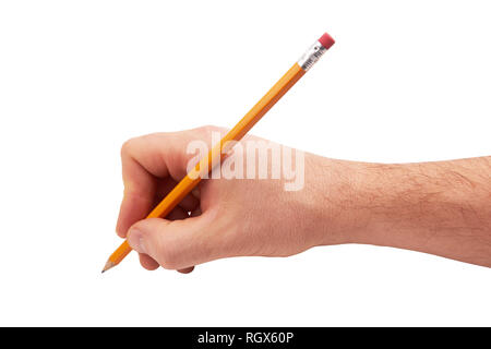 Mano d'uomo con la matita isolati su sfondo bianco Foto Stock