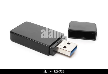 Black USB memory stick isolato su sfondo bianco Foto Stock