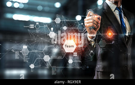 Mano umana disegno sullo schermo linee di connessione di rete. Il rendering 3D Foto Stock