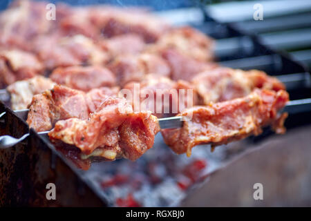 Kebab alla griglia Cottura su spiedini di metallo grill Foto Stock