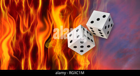 Dado che cade sul fuoco e sfondo cielo Foto Stock