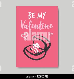 Amore greeting card happy valentines day concetto proposta di matrimonio rink con diamante in confezione regalo lettering disegnato a mano stile doodle cartolina Illustrazione Vettoriale