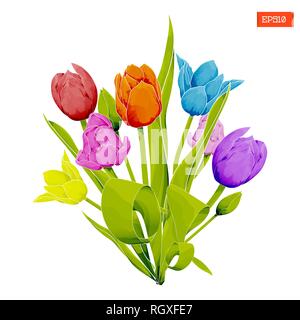 Bouquet di tulipani multicolori con foglie in stile acquerello su uno sfondo bianco. Illustrazione Vettoriale Illustrazione Vettoriale