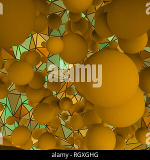 Calcolatore vergine generato sfere arancione sulla mesh di triangoli sfondo astratto Foto Stock