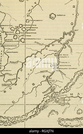 . Bollettino. Etnologia. Evans e Meggers] ARCHEOLOGIA IN Guiana britannica 265. La figura 108.-parte di Farabee la mappa della tomaia Essequibo area che mostra la posizione dei villaggi Taruma al momento della sua visita nel 1914 (dopo Farabee, 1917). 1917), ma se il campo note sono accurate, E-25 deve essere considerato. Il solo altro sito nella zona, E-28, sembra troppo lontano al di sotto del "Duer- wow" (Kassikaityu) per montare Farabee descrizione del. In questa situazione di ambiguità, un esame dei siti archeologici possono produrre alcuni utili indizi. Poiché Farabee la visita è venuto. Si prega di notare che queste immagini sono ext Foto Stock