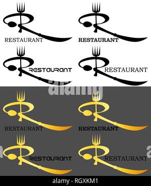 Il logo tipografico del ristorante con una lettera R da un cucchiaio, coltello e forchetta Illustrazione Vettoriale