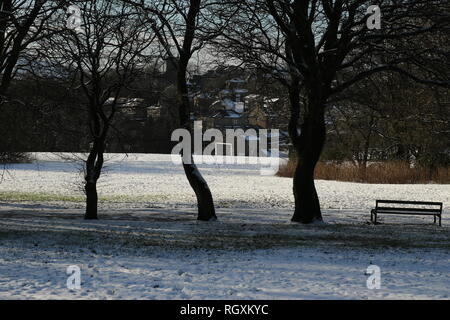 30/01/19 Edgeside Park, Waterfoot, Rossendale dopo una notte di neve caduta. Foto Stock
