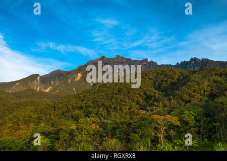 Monte Kinabalu cime e foresta pluviale coperto pendii in luce all'alba, da Mesilau, Sabah, Borneo, Malesia. Foto Stock