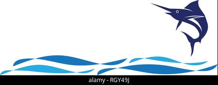 Vettore di pesce spada jump logo con onda nel modello oceano Illustrazione Vettoriale