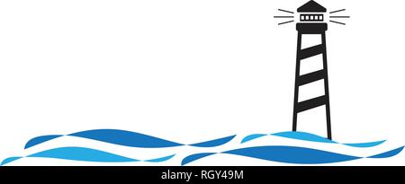 Vettore di faro con il logo Wave sul modello di spiaggia Illustrazione Vettoriale