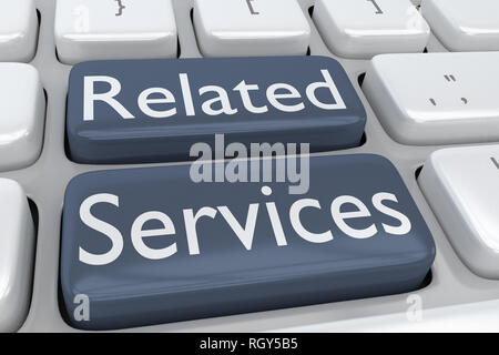 3D illustrazione della tastiera del computer con lo script dei servizi correlati su due pulsanti adiacenti Foto Stock