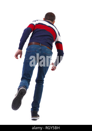 Vista posteriore di un uomo che corre in un maglione. vista posteriore di persona. Vista posteriore di raccolta di persone. Isolato su sfondo bianco. Un alto e snello l uomo a j Foto Stock