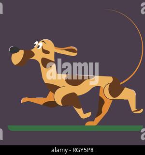 Cartoon corre il cane. In stile appartamento. Avvistato cane da caccia con grande naso nero. Illustrazione Vettoriale