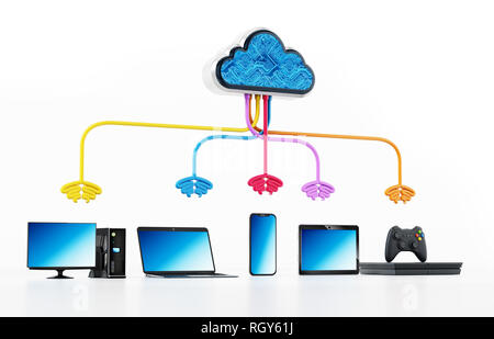 Il cloud computing diagramma con vari dispositivi collegati. 3D'illustrazione. Foto Stock