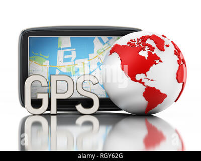 Il GPS del sistema di posizionamento globale e globo isolato su sfondo bianco. 3D'illustrazione. Foto Stock