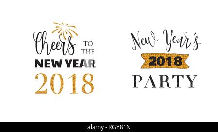 Felice Anno Nuovo emblemi tipografici set. testo design. Nero, bianco e oro. Utilizzabile per striscioni, biglietti di auguri, doni etc Illustrazione Vettoriale