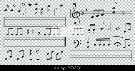 Note musicali e tasti su sfondo trasparente. Tasti di pianoforte. Chiave di violino. Disegnato a mano il vettore di effetto. G-chiave. Gli scarabocchi. L'audio. Il pianoforte. La sinfonia. Canzone Illustrazione Vettoriale