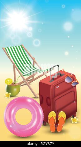 Il tempo di viaggio vendita Poster per la pubblicità con il viaggio in 3D elementi realistici come il sacchetto, chaise longue, occhiali da sole, anello gonfiabile, flip-flop Illustrazione Vettoriale