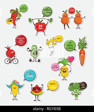 Set di divertente la frutta e la verdura icone. Cartoon cibo faccia gli Emoji. Strano concetto di cibo. illustrazione vettoriale Illustrazione Vettoriale