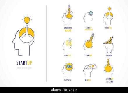 Cervello, mente creativa, apprendimento e icona del design. Testa di uomo, persone simbolo vec Illustrazione Vettoriale