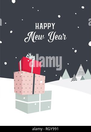 Merry Christmas card con outdoor scena invernale e presenta. illustrazione vettoriale Illustrazione Vettoriale