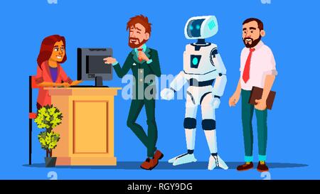 Il robot si leva in piedi nella linea tra le persone al momento del check-in desk vettore. Illustrazione isolato Illustrazione Vettoriale