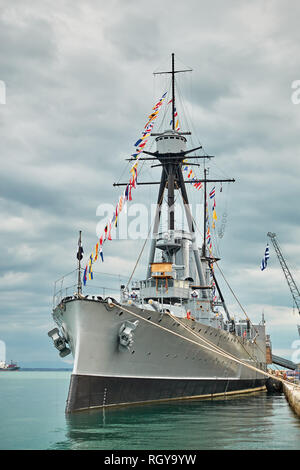 Nave da guerra greca Averof al porto di Salonicco, Grecia Foto Stock