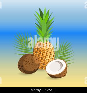 Di ananas maturo e noce di cocco - frutta tropicale. Frutta estiva per uno stile di vita sano. Illustrazione vettoriale EPS10. Illustrazione Vettoriale