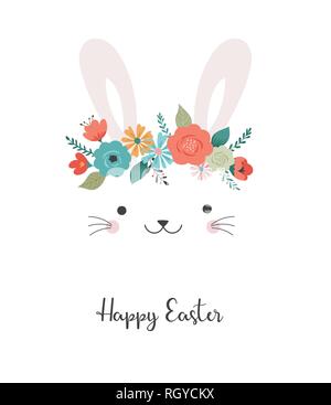 Felice Pasqua card - simpatico coniglietto con corona di fiori, illustrazione vettoriale Illustrazione Vettoriale