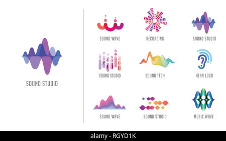 Onda sonora, musica, la produzione e il logo di Symbol, raccolta di icone del design Illustrazione Vettoriale