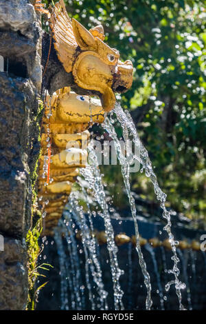 108 pozzetti, decorata con una golden bocca di mucca, la spesa di ghiaccio freddo acqua santa in il tempio di Muktinath, uno dei Vaishnava Divya Desam Foto Stock