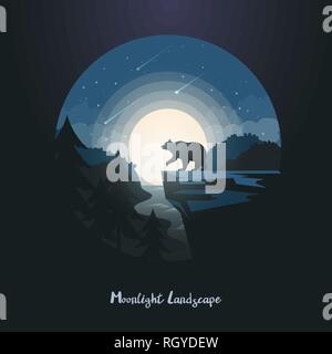 La mezzanotte o paesaggio notturno con orso su roccia Illustrazione Vettoriale