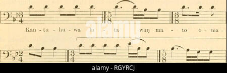 . Bollettino. Etnologia. DENSMORE] Teton Sioux musica 265 vnya'ivazihuikay, 'root del ])ur' e identificato come Ratihida colonna- naris (SIMS) Don. (Cono fiore). Ciò è stato trovato in luoghi umidi, lungo insenature. Per il dolore nel lato un tè era realizzato con il gambo e le foglie di questa pianta e per il mal d'orecchi un decotto era fatto di radice e un calo messo in l'orecchio. Il seguente brano accompagnato l'utilizzo di casse hov). No. 89. "Orso mi ha detto" cantata da Eagi.k scudo Voice J-80 (o ^ - 160) il tamburo non registrato -#- A -!"- -^ -fE- -^" f- (catalogo n. 519). ki - ya - ka kan - tu - Liu - wa lu ta waij Foto Stock