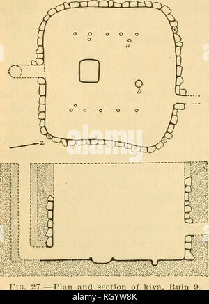 . Bollettino. Etnologia. KIDDER-GUERNSEY] esplorazioni archeologiche in" ARIZONA 73 le pareti sono grossolanamente realizzato e irregolare sia in linea e Lord Plumb, ma sono coperte con molti strati di intonaco. Non vi sono nicchie. Le normali funzioni di kiva presenti sono il ventilatore, una buca per il fuoco, e probabilmente un sipapu. No fire schermo è a posto, ma non ci sono stati trovati, in corrispondenza del punto in cui sarebbe stato necessario, dieci o dodici pali ruvida la cui estremità inferiore ha dimostrato che una volta era stato comandato di 3 o 4 pollici in terra. Essi possono hanno formato la base di un adobe-schermo coperto. Il piano a quel punto era troppo muc Foto Stock