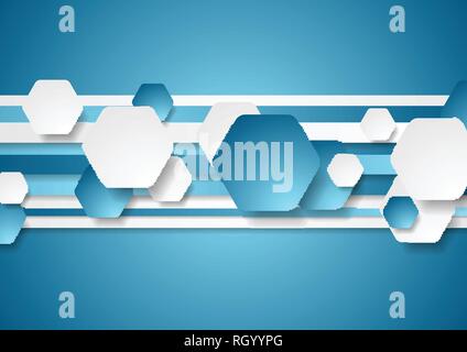 Blu e bianco abstract tech sfondo. Gli esagoni geometriche forme disegno vettoriale Illustrazione Vettoriale