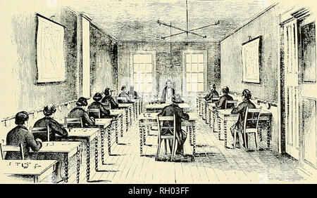 . Bollettino. La scienza. Figura 42.-American telegrafo ufficio {top) e la sala operativa della metà del XIX secolo. Da T. Shaffner, le tele- manuale grafico, New York. 1859, pagg. 459, 461.. decennio prima che essi sono andati fuori servizio e da allora gli altri erano stati stabiliti. In aggiunta al cavo sottomarino sistema, terra telegrafico di sistema è stato inoltre una crescente. Dal 1865 ci sono stati 16.000 miglia di linee del telegrafo in Gran Bretagna, 64.000 miglia in Francia e 28.000 miglia in Prussia. Negli Stati Uniti la guerra civile aveva interferito con la normale crescita economica del business, ma alla fine della guerra le tre lar Foto Stock