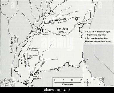 . Bollettino. La scienza. SAN GABRIEL RIVER la qualità dell'acqua 127. Pomona WRP LACDPW tV misuratori di flusso di ingresso o siti di campionamento un fiume in siti di campionamento ^ acqua impianti di bonifica Fig. 1. Mappa di San Gabriel spartiacque del fiume. Sono mostrati i flussi compromessa, storm posizioni di scarico durante le due indagini, in-stream i punti di campionamento, misuratori di flusso e acqua impianto di bonifica posizioni di scarico. Ingresso gli ingressi di campionamento per la SGR spartiacque sono state campionate su Settembre 29, 2002 e Sep- tember 14, 2003. Punto ingressi sorgente incluso quattro WRPs che terziaria di scarico delle acque reflue trattate. Il Los Coyote scarichi WRP Foto Stock