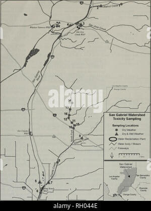 . Bollettino. La scienza. Tossicità IN SAN GABRIEL RIVER 181. I punti di campionamento &AMP; secco meteo ^ asciugare &AMP; Wet Weather ^ 3 acqua impianto di bonifica // acqua corpo / Flusso di superstrade San Gabriel spartiacque Fig. 1. Mappa di La Minore San Gabriel spartiacque del fiume compreso a secco e a umido meteo punti di campionamento. raggiunge che ricevere urban runoff. Venti litri di flusso compositi ponderata i campioni sono stati raccolti nel corso di tre eventi di tempesta sul dicembre 29, 2004 (5.3 cm precipitazione), 22 aprile 2005 (2,2 cm) di precipitazione e 1 gennaio 2006 (3,7 cm) di precipitazione. Il clima secco componente consisteva di samp Foto Stock